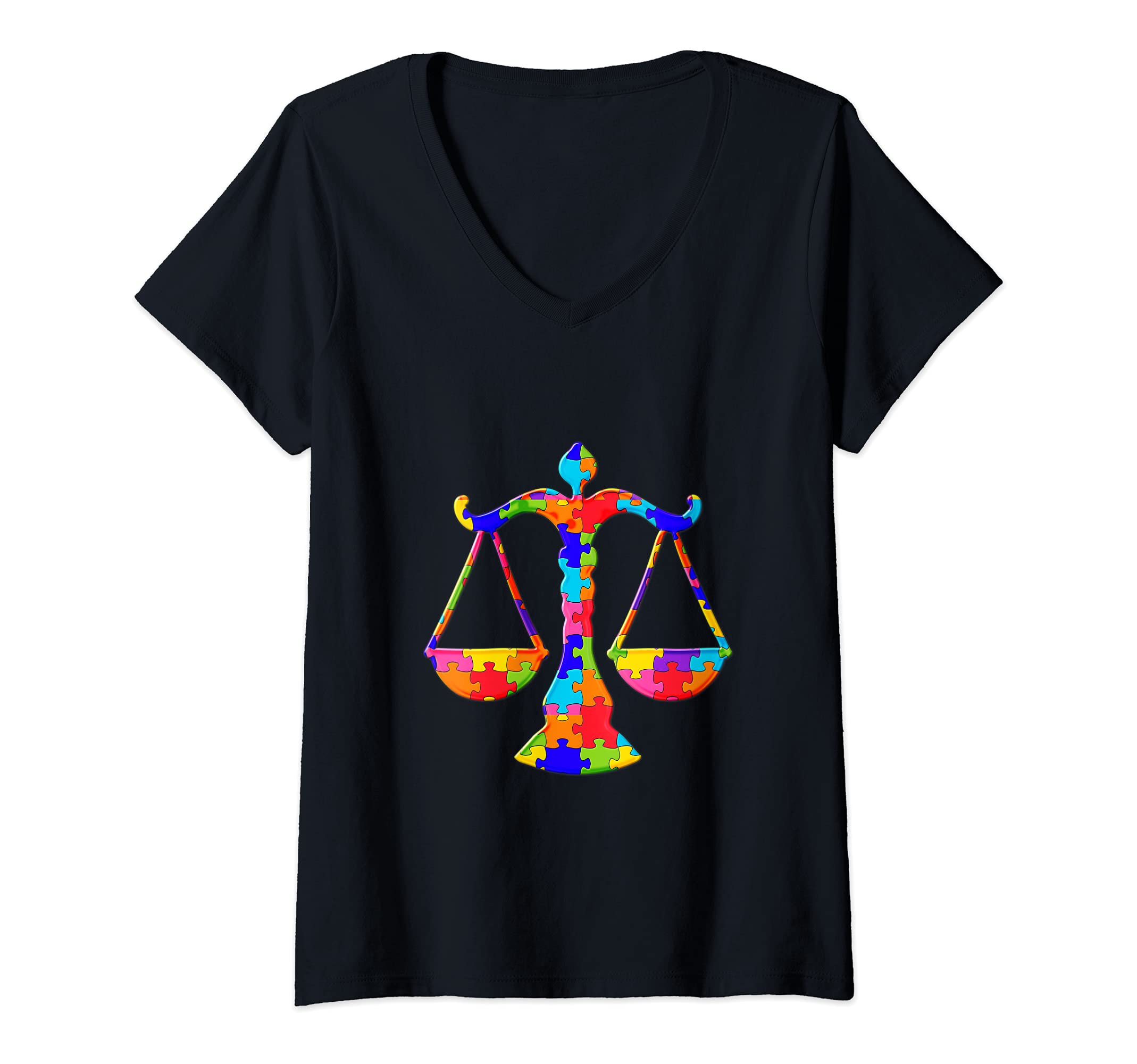 Womens Libra Scale Justice Jigsaw Autism Puzzle V-Neck T-Shirt