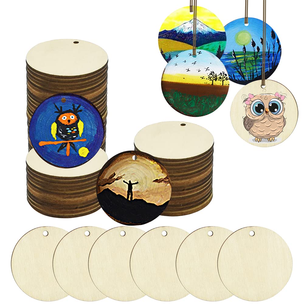 ANTHYTA Wood Circles for Crafts,Wooden Unfinished Round Circles,50Pcs Wooden Discs with Hole,Round Wood Plaque,Thin Woods Discs,Rounded Woods Slices for Painting and Christmas Decorations(4cm)