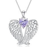 POTOPYY Birthstone Angel Wings Necklace for Women 925 Sterling Silver Guardian Angel Necklace Pendant Birthstone Jewelry Birthday Valentines Day Mothers Day Gifts for Women