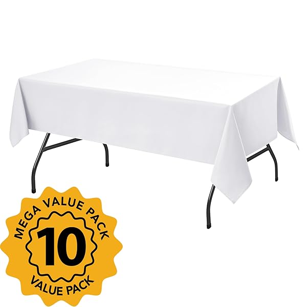 DAILYSET 10-PACK WHITE TABLECLOTHS FOR RECTANGLE TABLES, 60 X 102 INCHES, STAIN-RESISTANT POLYESTER FABRIC FOR 6 FOOT TABLES – WASHABLE TABLE COVERS FOR WEDDINGS, BANQUETS, BIRTHDAY, PARTIES, EVENTS