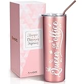Onebttl Secretary Gifts for Woman, Funny Administrative Professional Day Gifts for Appreciation, Christmas, Birthday, 20oz Stainless Steel Insulated Skinny Tumbler - Queen of the Office RoseGold