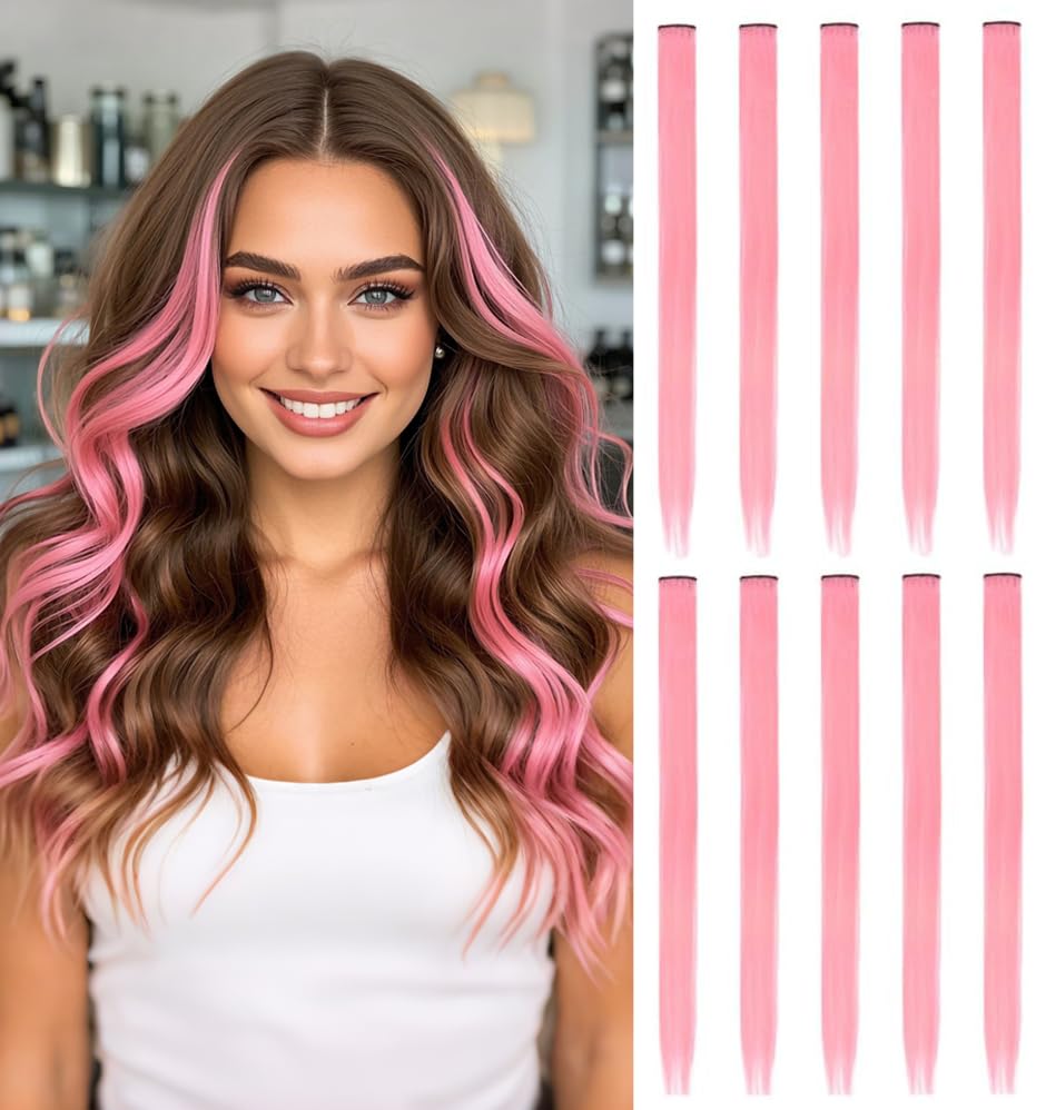 10 Pcs Colored Hair Extensions Clip in 22 Inch Colorful Hair Extensions for Women Fashion Party Hairpieces Accessories（Straight,Pink）