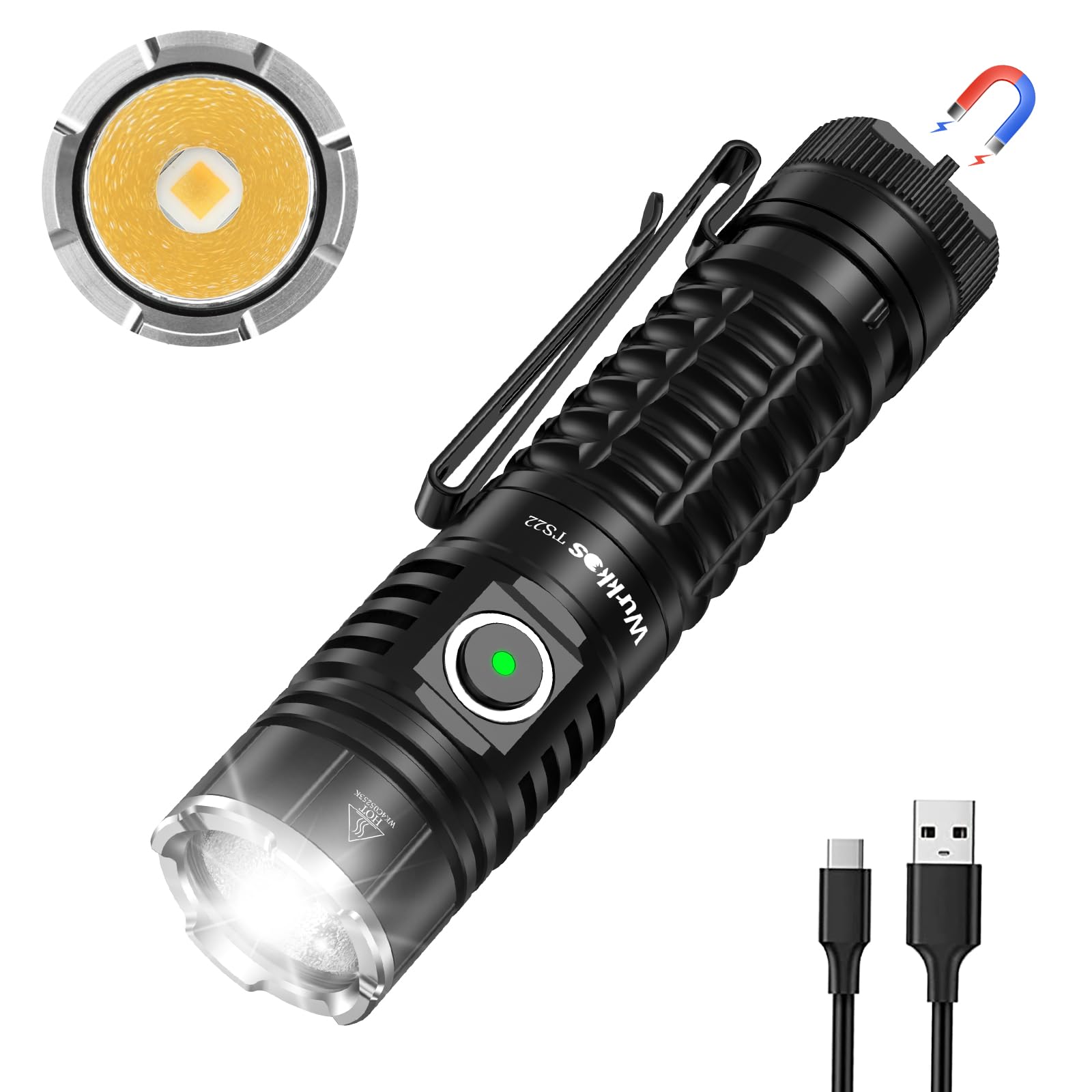 Wurkkos TS22 LED Torch Extremely Bright, 4800 Lumen Torch Rechargeable XHP70.3, IPX68 Waterproof Tactical Flashlight with 6 Modes for Camping, Outdoor, Emergencies, CRI90(Black)