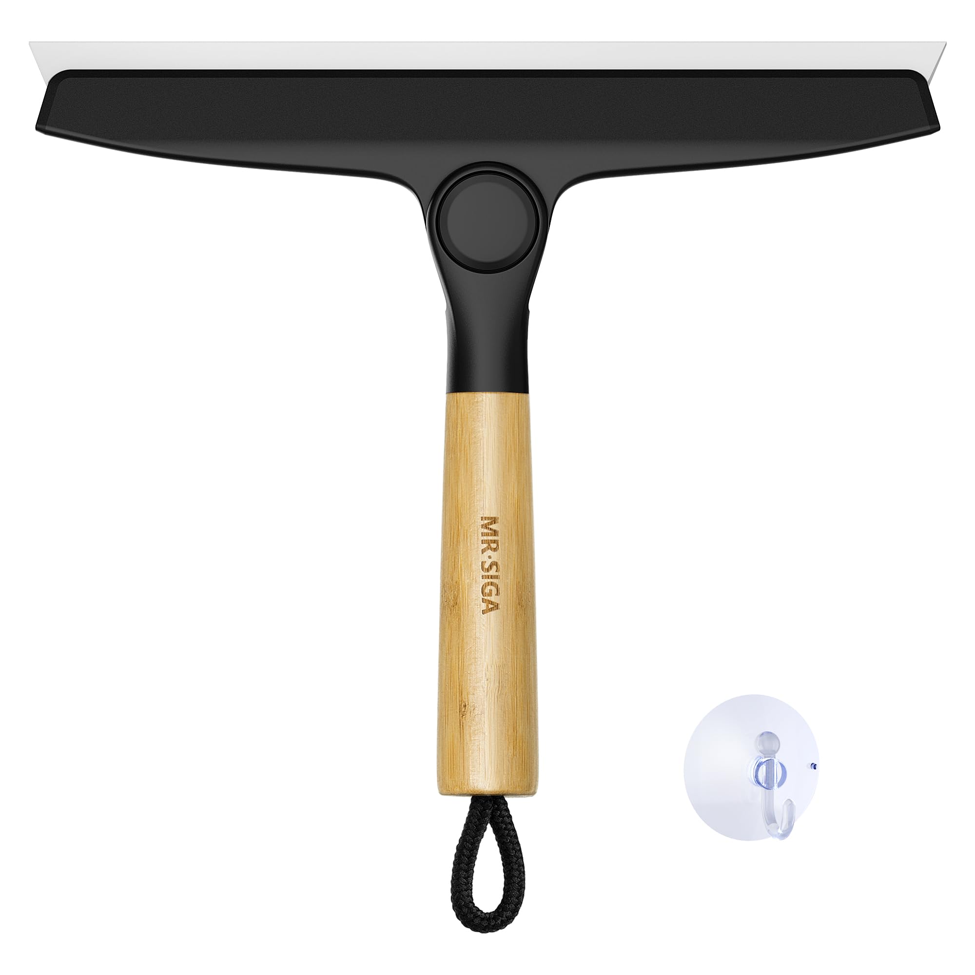 Photo 1 of MR.SIGA All Purpose Silicone Squeegee for Shower Door, Mirror, Glass, Streak Free Shower Squeegee, Pivoting Bamboo Handle, Includes 1 Suction Hook, 10 inch Wide, Black, 1 Pack