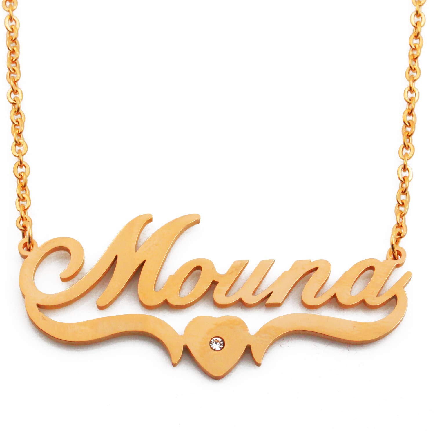 Kigu Mouna Name Necklace Heart Shaped Personalised Gold Plated, Custom Dainty Name Pendants, Jewellery for Ladies, Girlfriend, Mother, Sister, Friends Inc Bag & Box