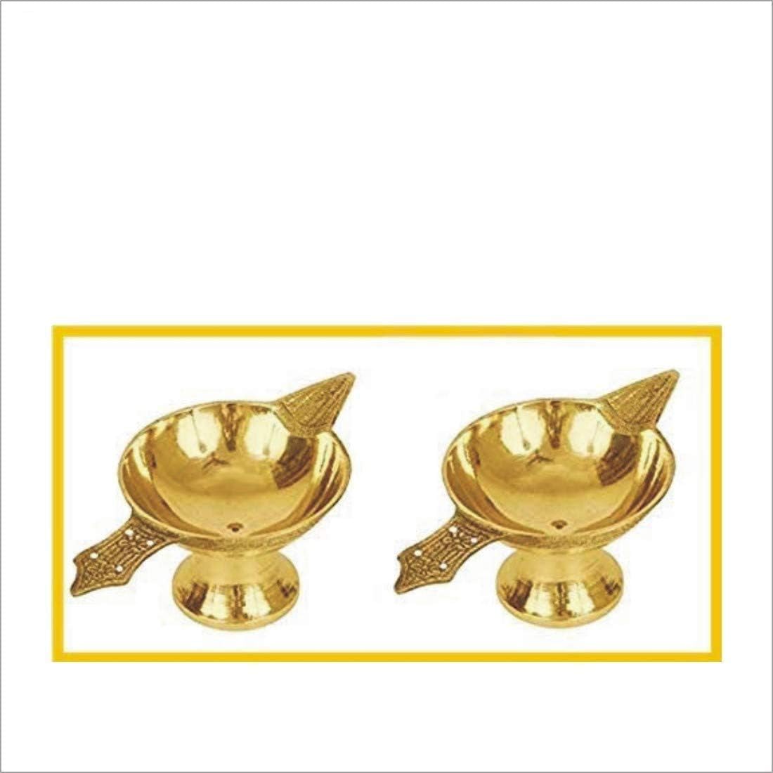 Oil Lamps & Accessories - Family Cart 2 x Pure Brass Arti Diya Deepak Wick Lamp Deep Oil Ghee Jyot Diya Stand for Pooja Diwali Religious Temple Home Office Kuber Diya Akhand Jyoti