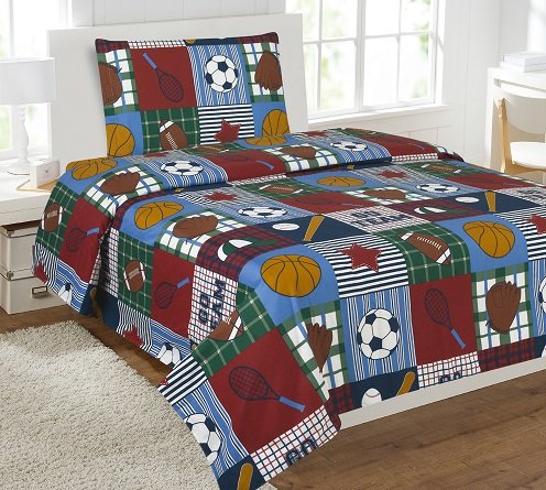 Elegant Home Multicolor Patchwork Blue Green Red White Brown Sports Basketball Football Baseball Soccer 3 Piece Printed Twin Sheet Set with Pillowcase Flat Fitted Sheet for Boys / Kids/ Teens # Rugby