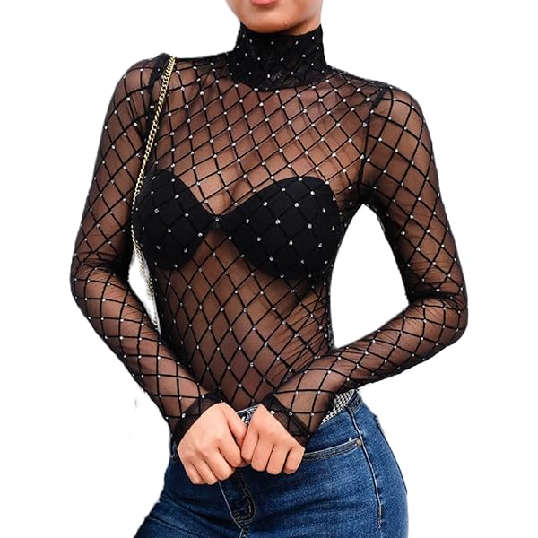 Women Sexy Sheer Mesh Rhinestone Bodysuit Long Sleeve