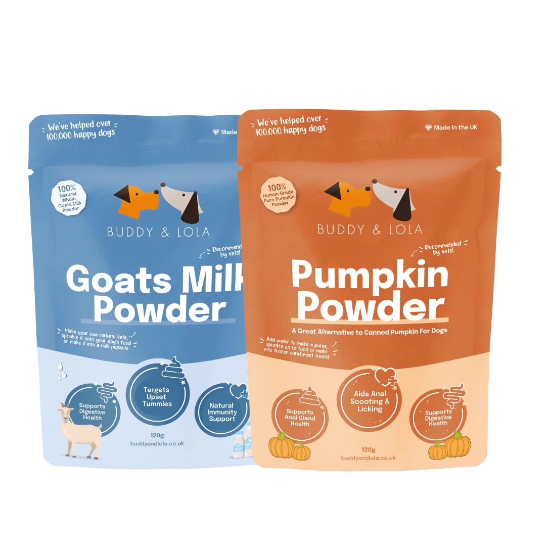 Buddy & Lola Pumpkin Latte Bundle - Natural Pumpkin & Goats Milk Powder for Dogs, High Fibre Supplement, Easy To Use Puree