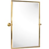 TEHOME Brushed Gold Metal Framed Pivot Rectangle Bathroom Mirror Tilting Beveled Vanity Mirrors for Wall, Overall 27.9 x 36 i