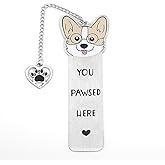 Gosknor Corgi Dog Bookmark, Cute Metal Corgi Bookmark for Women & Men, You Pawsed Here, Stainless Steel, Silver & Black, Style 1
