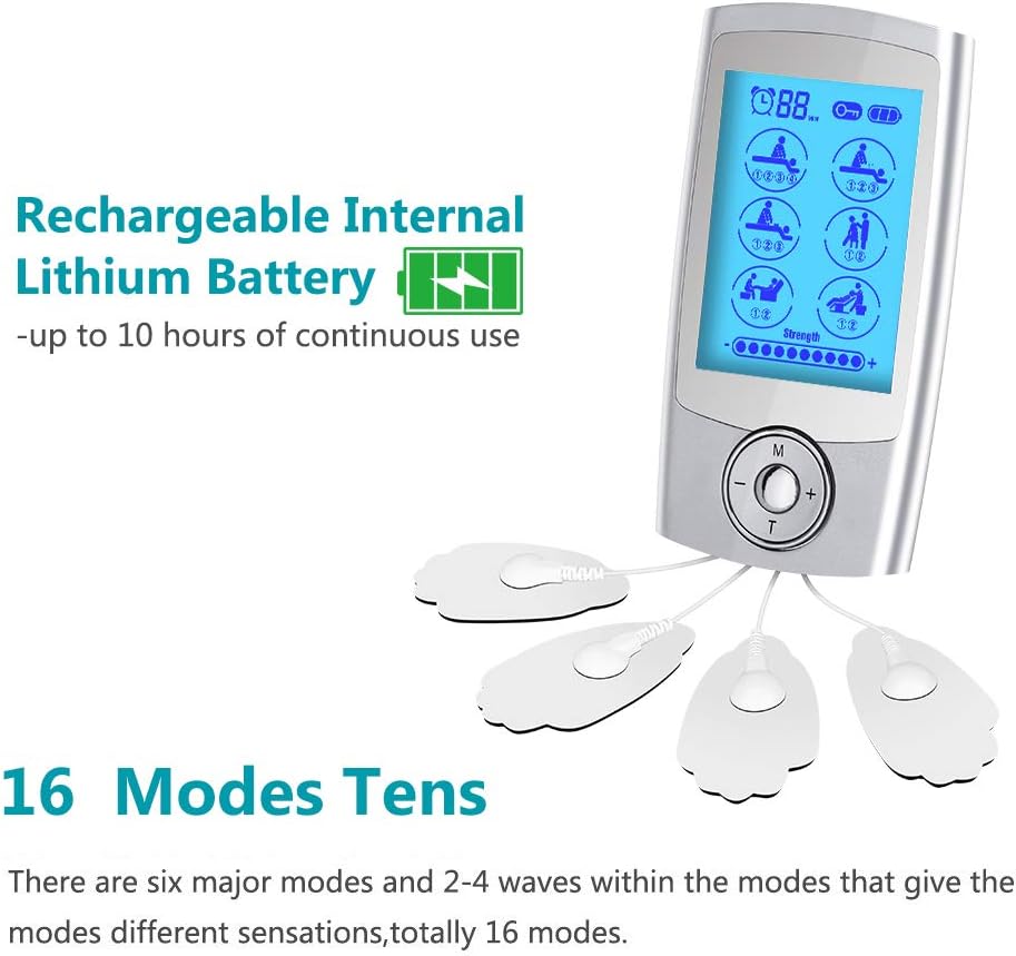 KEDSUM Rechargeable Tens Unit Muscle Stimulator, 3rd Gen Pain Relief 16 Modes Machine Electric Pulse Impulse Mini Massager with 8 Pads, 2 Electrode Wires and a 4-1 Electrode Wire: Health & Personal Care