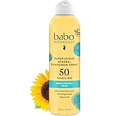 Babo Botanicals Super Shield Mineral Sunscreen Spray SPF 50 - Natural Zinc Oxide & Titanium Dioxide - Extra Sensitive Skin - Water Resistant - Vegan - Fragrance-Free - Air-Powered Spray - For all ages