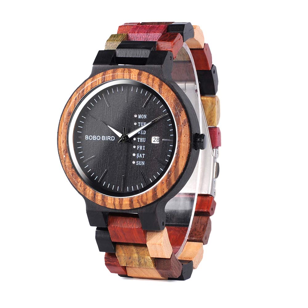 BOBO BIRD Mens Colorful Wooden Watches Analog Quartz Week Date Display Wood Watch Handmade Sport Casual Wristwatch with Gifts Box