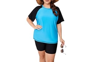 ZOMVA Plus Size Women's 2 Piece Rash Guard Swimsuit Modest Short Sleeves Swim Shirt with Boyshorts UPF 50+