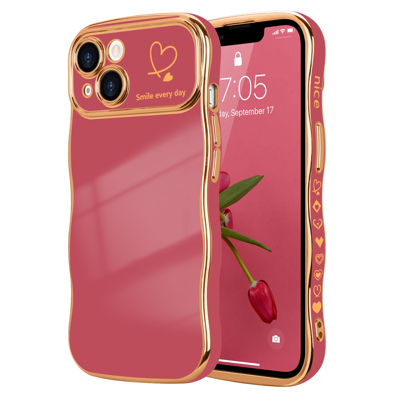LCHULLE for iPhone 13 Case for Women Girls,Cute Curly Wave Frame Shape Love Heart Pattern Phone Case,Raised Camera Protection Luxury Plating Shockproof Cover for iPhone 13 6.1",Faint Red