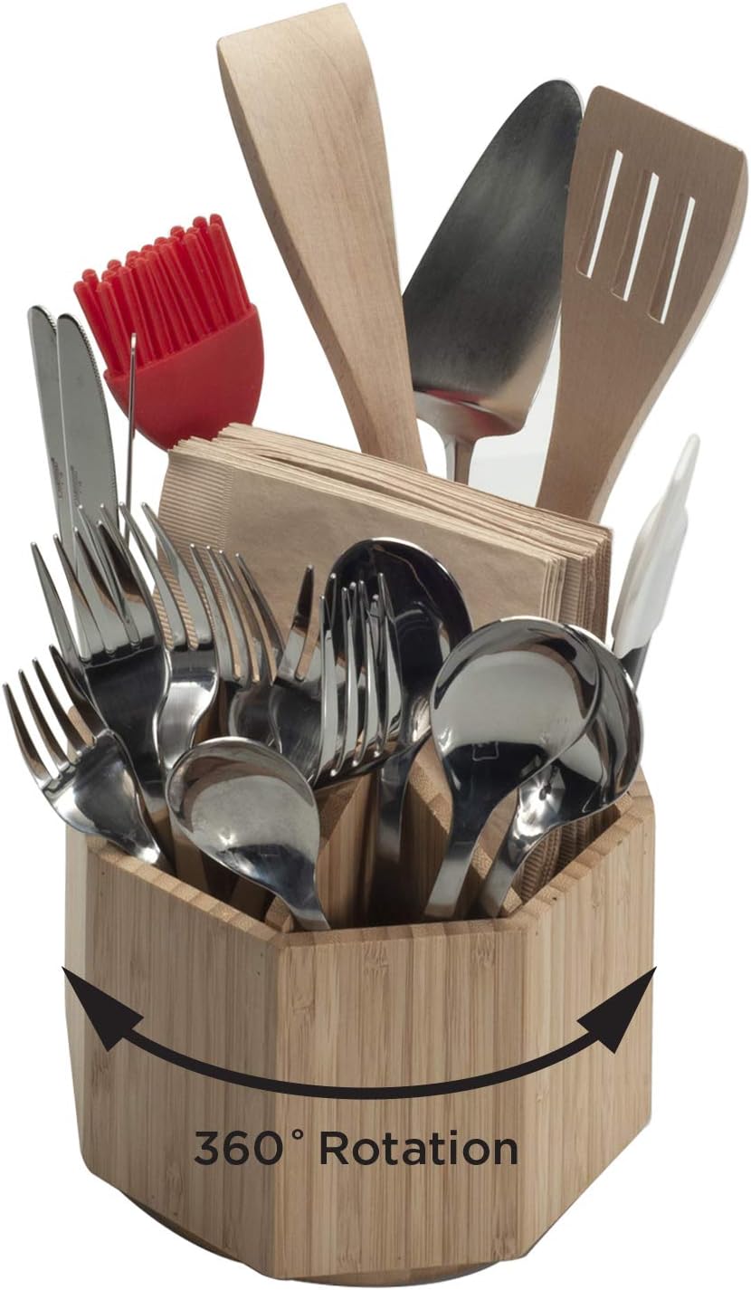 Bamboo Rotating Utensil Holder & Kitchen Organizer, Multiple Compartments, 8 Sections, store Forks, Serving Spoons, Knives, and other cooking tools with Removable Divider for Customized Storage: Home Improvement
