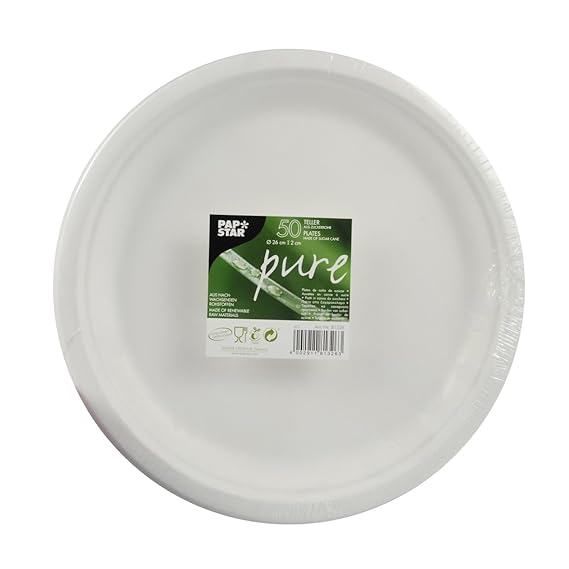Papstar Pappteller / Einwegteller weiß, rund 'pure' (50 Stück), robust, hergestellt aus nachwachsendem Zuckerrohr, biologisch