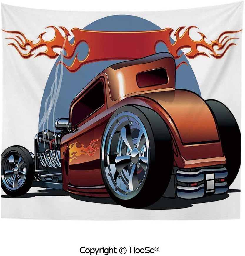 Durable Washable and Reusable Tapestry Wall Hanging Carpet 59x79in,Cartoon Hot Rod Antique Customized Classical American Engine Nostalgia Revival,Orange Blue Black Comfy and No Strange Odor Home Deco