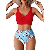 Tainehs Women's Two Piece Bikini Sets V Neck Push Up Swimsuit High Waisted Tummy Control Bathing Suit