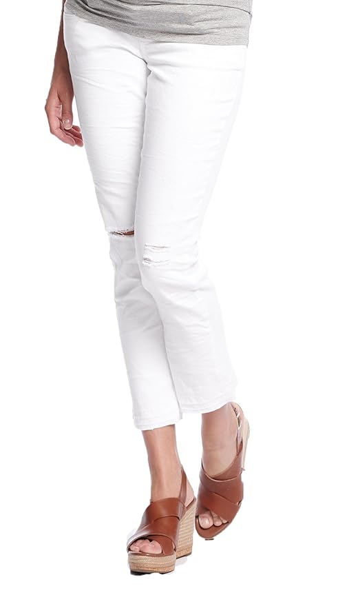 Queen Mum Damen ? Umstands-Jeans Schwangerschafts-Jeans Denim stützendes Bauchband normaler Bund Slim-Fit Sommer-Hose weiß