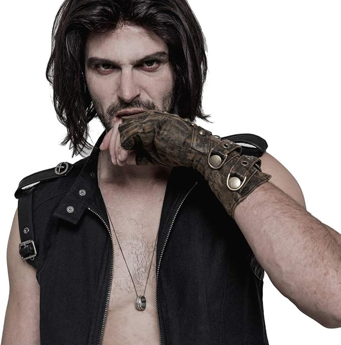 Punk Rave Coffee Grey Steampunk Gothic Leather Fingerless Gloves