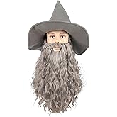 QACCF Qacf Long Curly Mens Wizard Mustache Wig Halloween Costume Cosplay Viking Fake Beard Wig (Grey)