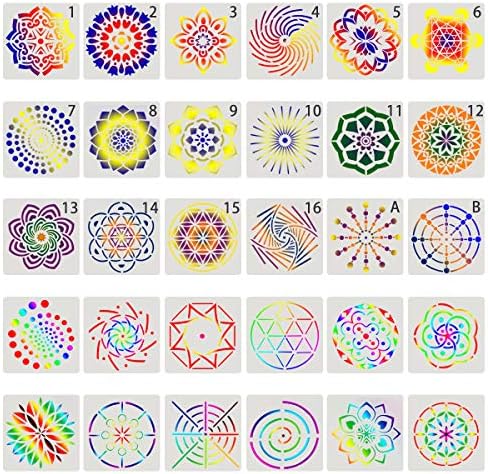 YUEAON 30 Pack Reusable Mandala Floor Stencil Vinyl Set of 30 (5 x 5 inch) Painting Stencil, Laser Cut Painting Template Floor Wall Tile Fabric Wood Stone Stencils