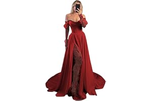 RJER Off The Shoulder Satin Wedding Dresses with Slit Long Sleeve Lace Prom Dresses A-Line Ball Gowns for Women