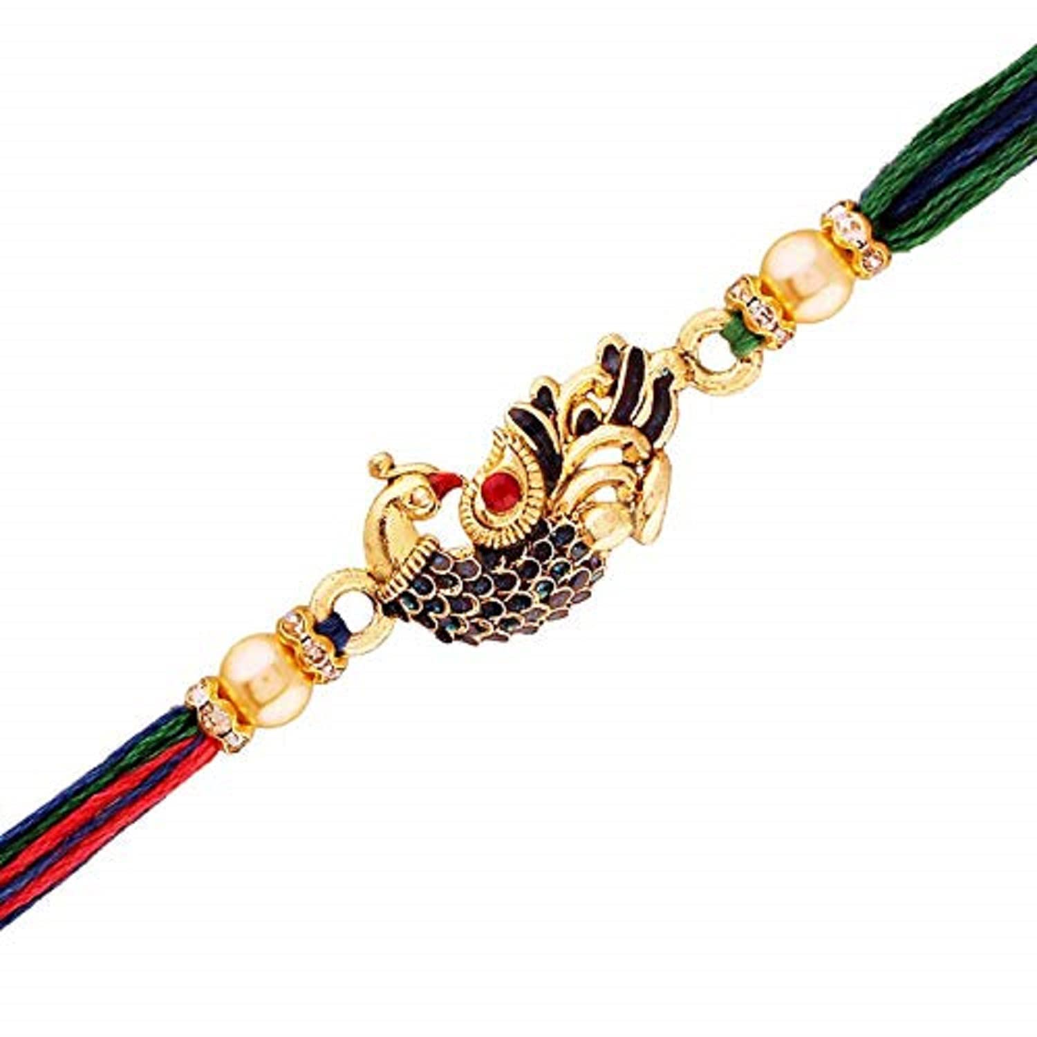 I Jewels Gold Plated Designer CZ Pearl Multi-Colour Peacock Rakhi For Men/Boys (R702)