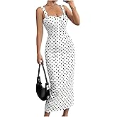 WDIRARA Women's Polka Dots Bodycon Cami Dress Sleeveless Split Back Midi Dresses