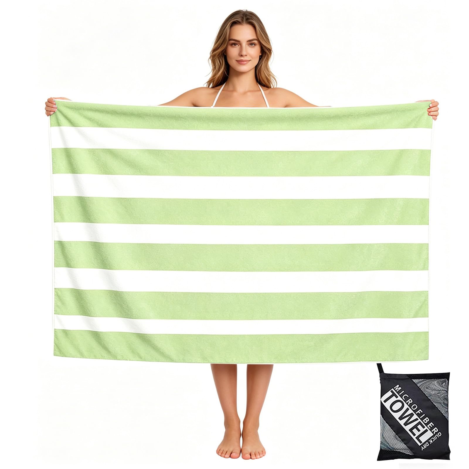 160x90cm Light Green Stripe Beach Towels in a Bag Large Microfibre Thin Beach Towel for Adults,Quick Dry Sand Free Light Bath Towel Pool Towel for Men Women,Bathroom,Holiday,Yoga,Gym Sports,Swimming
