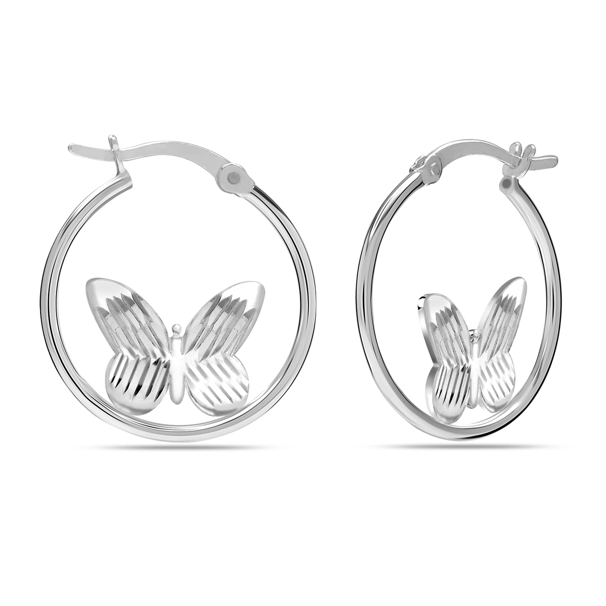 LeCalla Sterling Silver Jewelry Light Weight Diamond Cut Butterfly Motif Hoop Earrings for Women