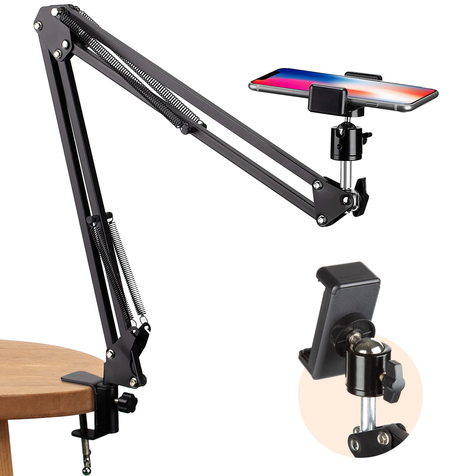 TARION Overhead Mount Articulating Arm Phone Holder Video Webcam Stand Lazy Arm Clamp Table Desktop Suspension Scissor Arm Stand (Black)
