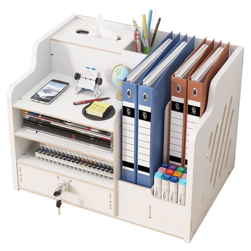 Updated Wooden Desktop Organiser with Drawer, Large Capacity Desk Tidy Storage Holder File Rack A4 Paper Document Sorter DIY Office Supplies Storage Box for Home, Office and School (JB07-2 White)