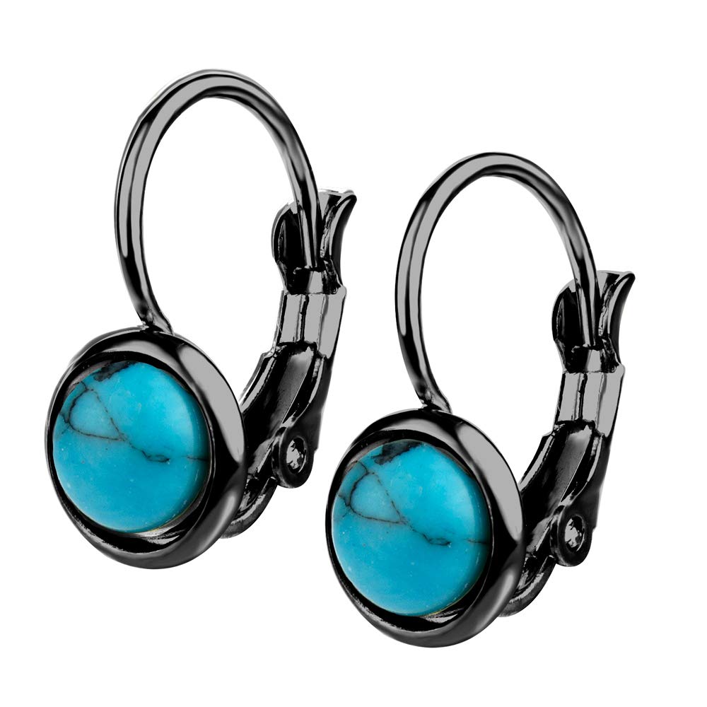 555Jewelry Womens Stainless Steel Stone Marble Round Circle Vintage Genuine Delicate Cut Classic Leverback Findings Finish Fashion Accessories Jewelry Earring, Black & Turquoise