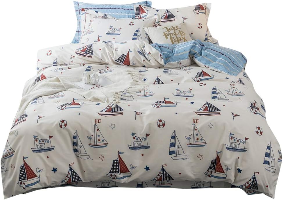 Teen Boys Sailboat Queen Duvet Cover Adventure Theme White Blue Background Reversible Full Bedding Collections, Flag, Starfish, Life Ring Printed Pattern for Kids Toddlers Children Preschooler