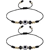 MECCANIXITY Black Evil Eye Bracelets for Women Men Family 2 Pcs Adjustable String Good Luck Protection Handmade Eye Bracelet Blessing Jewelry