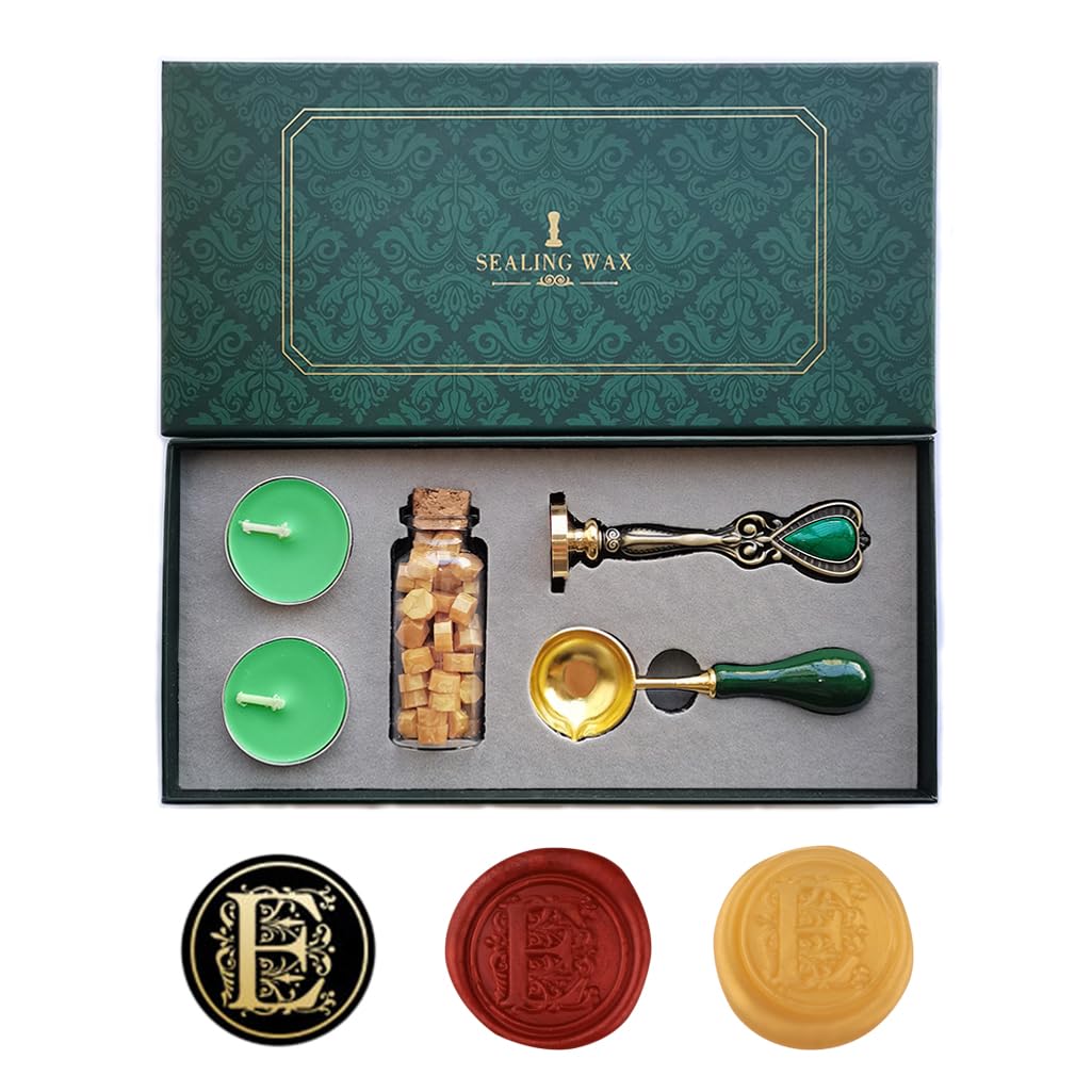 Fancy Letters E Wax Seal Stamp Set, AMTOL European style Wax Seal Stamp Kit Gift Box Set, Vintage Personalized Sealing Stamp for Letter Cards Invitations(E)