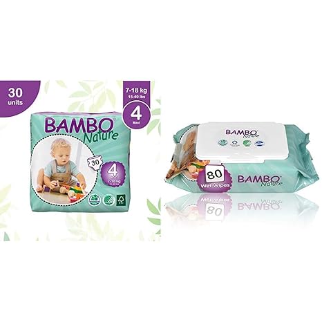 Bambo Nature Premium Baby Diapers - Large Size, 30 Count, for Toddler (10-24 Months) - Super Absorbent and Eco-Friendly & Bambo Nature | Baby Wipes | 1 x 80s