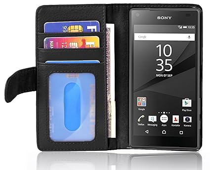 Cadorabo Hülle für Sony Xperia Z5 COMPACT - Hülle in Oxid SCHWARZ – Handyhülle mit 3 Kartenfächern - Case Cover Schutzhülle E
