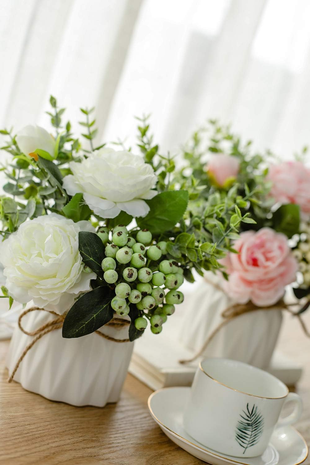 Amazon Com Artificial Flower And Ceramic Small Hemp Rope Vase Set Silk Rose Simulation Plant Eucalyptus Leaf Berry Flower Arrangement Flower Pot Home Decoration Flower Pot White Kitchen Dining