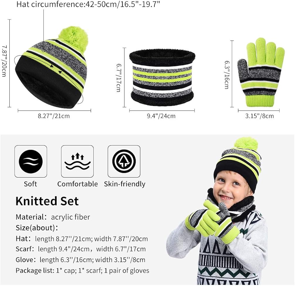 VBIGER Kids Winter Knitted Set Knitted Hat Scarf Gloves for Kids 3Pcs Aged 3-6 Green: Clothing