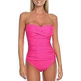 Ocean Blues Women’s Bandeau One Pieces Swimsuit Molded Cups Shirring Tummy Control Bathing Suit