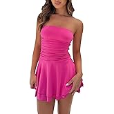 ABINGOO Women Strapless Tube Mini Dress Sexy Sleeveless Tiered Ruffled Hem Ruched Short Bodycon Dress Flowy Summer Y2K Dress