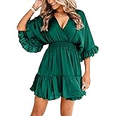 Aoysky Womens V Neck Casual Dresses Summer Loose High Waist Ruffle Pleated Cute Mini Short Dress