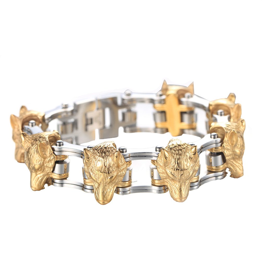 PAURO Men's Stainless Titanium Steel Vintage Bicycle Bracelet with Wolf Head Punk Bangle Gold
