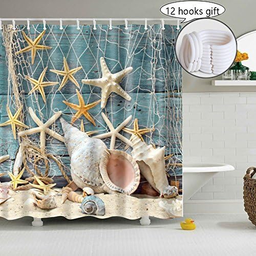 Seashell Shower Curtain Decoration for Bathroom, 3D Nature Print Pictures, YIWEISI Fabric Rustic Shower Curtains Set Country (Starfish Seashells)