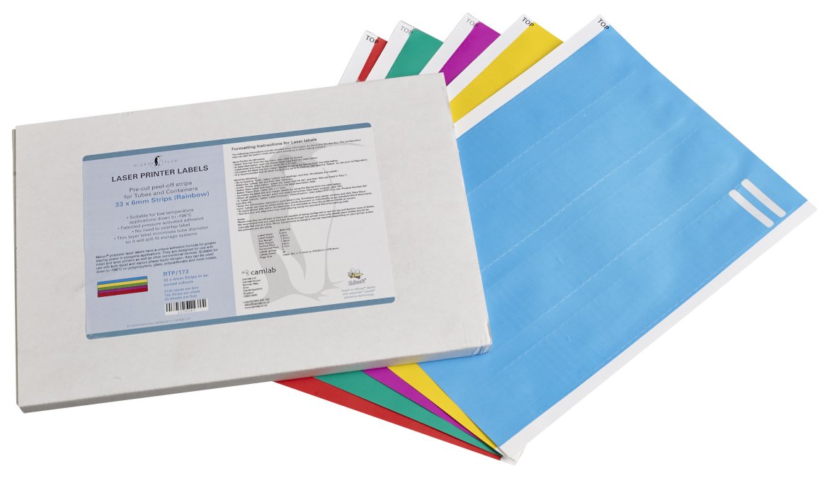 Camlab Plastics RTP/173 Tubee's Strip, 38 mm x 6 mm, 20 Sheets of 156 Labels, Cryogenic Coloured (Pack of 3120)