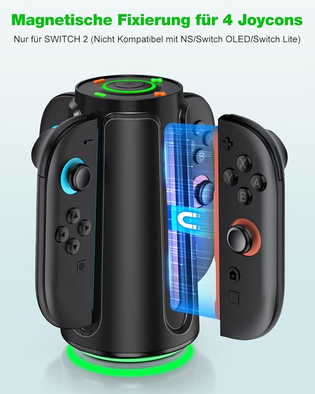 Switch 2 Controller Ladestation, 4-in-1 Magnectic Fast Joycon Ladestation für Kompatibel mit Nintendo 2 Switch, 8 RGB-Lichtmodi Charging Station Zubehör 3 Stunden Schnelles Vollladen, Oval